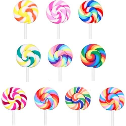 100Pcs Colorful Lollipops Clay Pendant Charms Big Size Rainbow Swirl Lollipop Candy Embellishment for DIY Craft Supplies