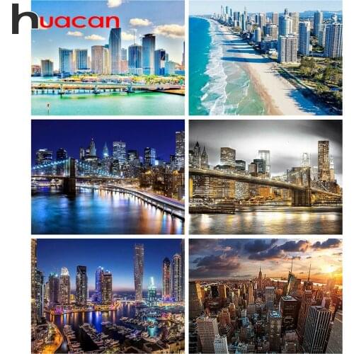 Huacan 5d Diamond Embroidery Cross Stitch Bridge Evening Diamond Painting Full Square Mosaic City Buildings Landscape Home Decor