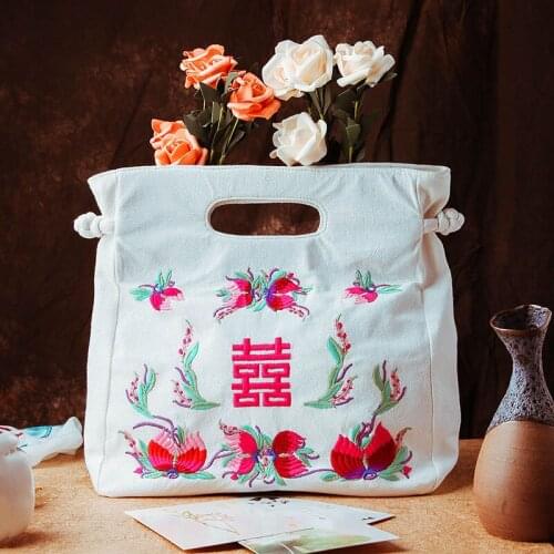 Flower field wedding linen material embroidered palaeowind hanfu with the bag in hand bag lunch box package of female