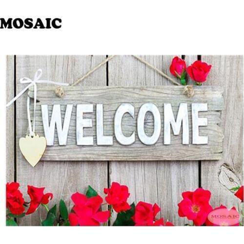 "Welcome" Pattern,Diamond Mosaic flowers Handmade Cross Stitch Home Decor Diamond Embroidery Photo of rhinestones