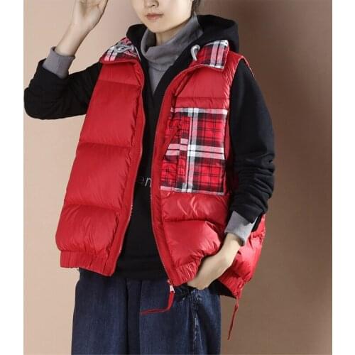 FTLZZ New Winter Women Sleeveless 90% White Duck Down Coat Casual Zipper Plaid Patchwork Down Vest Loose Warm Fashion Jacket