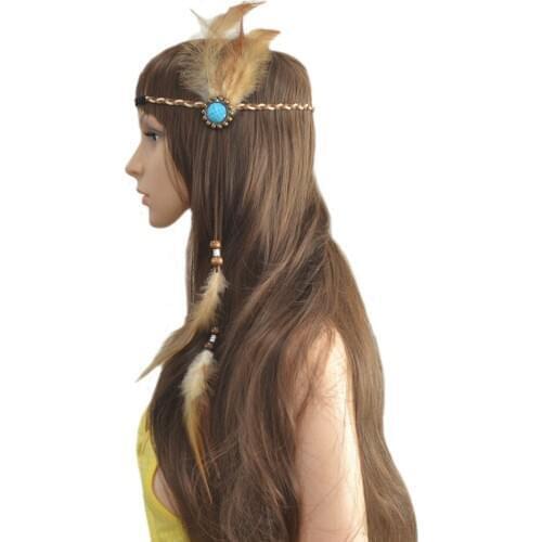 Gatsby Indian Ethnic Festival Hippie Headdress For Girls Rope Leather Brown Feather Headbands stone Hair Accessories Jewelry