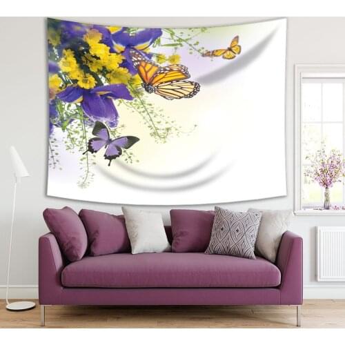 Tapestry Irises Daisies Butterflies Spring Summer Blooms Flower Garden Nature Decorative Artwork Purple Yellow Green