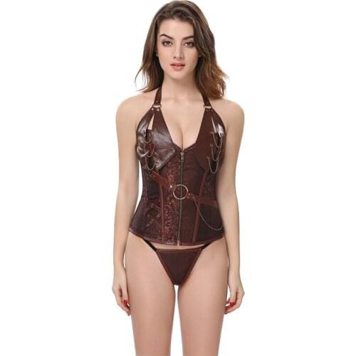 Coffee Steampunk Corset Leather Belt Metal Ring Corsets Plus Size 6XL Overbust Gothic Gorset Zipper Jacquard Basque Top