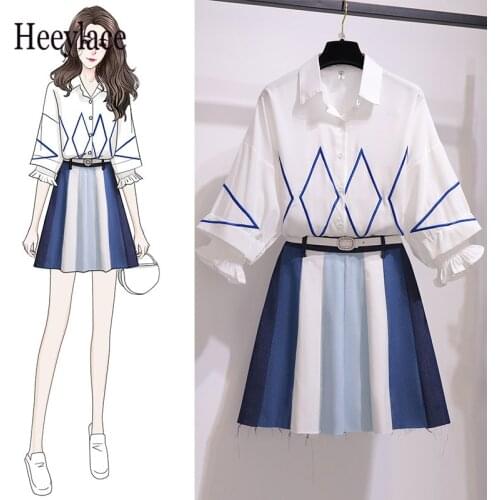 Summer korean 2 pieces sets for women turn down collar single breasted tops and patchwork midi skirts sets office ladies suits