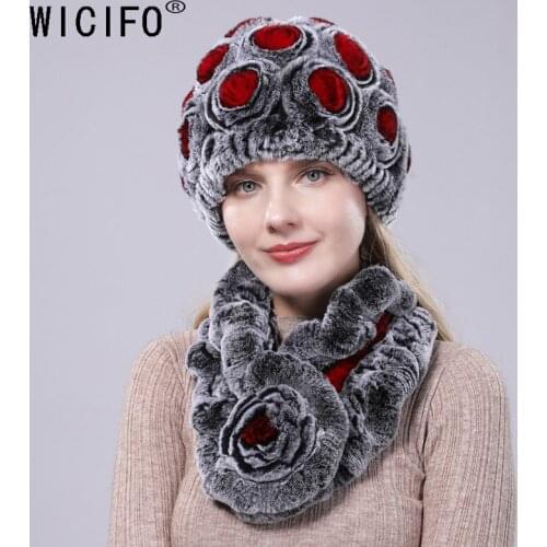 2019 New Rex Rabbit Knitted Winter Hat fur Scarf Set Women Flowervoice Cotton Beanies And Ring Scarf Female Winter Accessorie