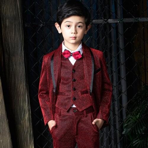 Boys Formal Suit Kids Wedding Tuxedo Dress Girls Chorus Jacket Vest Shirt Pants Tie Children Performance Prom Party Costume