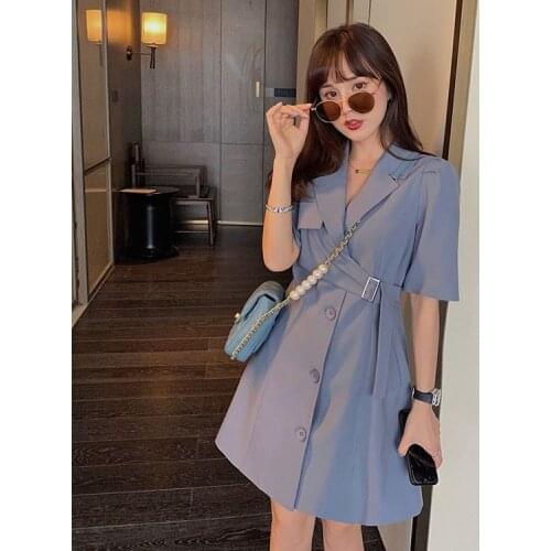 Dress Women Summer 2021 Korean Suit Dress Blue Short Sleeve A-line Dress Single Breasted Mini Dress Female Professional Dresses