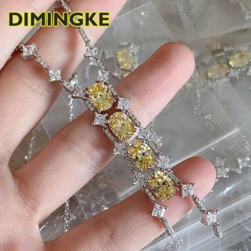 DIMINGKE Super Flash 8*10MM 4 Yellow Diamond Pendant Necklace 100%-S925 Sterling Silver Woman Party Fine Jewelry