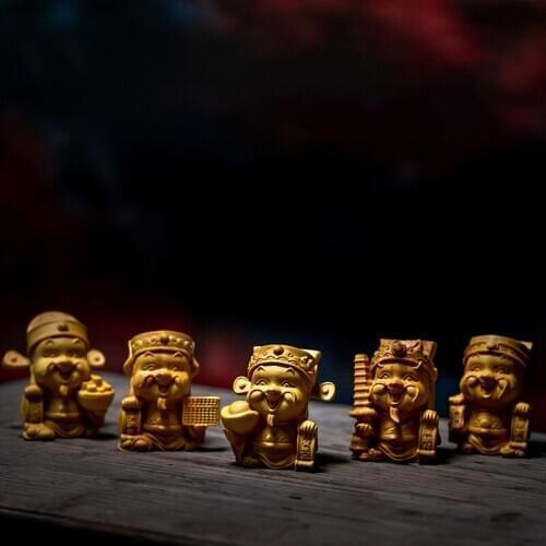 Boxwood 5pcs 6cm God of Wealth Sculpture Wood Carving Buddha Statues Lucky Home Decor