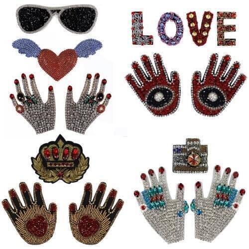 Rhinestones Sunglasses Embroidered Iron on Patch Sewing Heart Wing Hands Diamond Beaded Crystal Applique Clothing Decorations