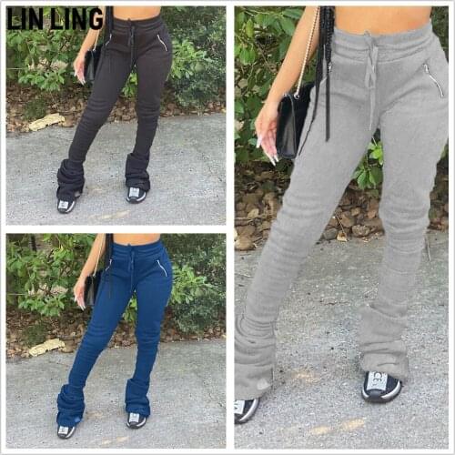 LINLING Thickened Sweater Fabric Sports Casual Drawstring Zipper Pocket Straight Tube Single Piece Stacked Pants