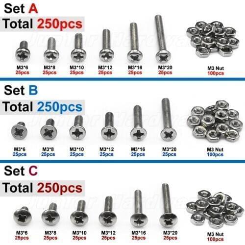 High-quality 250pcs M3 A2 Stainless Steel Screws Phillips Pan Flat Truss Head Machine Screws With Hex Nuts Set combination