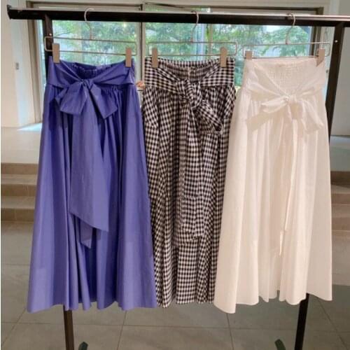 Japan Style Celebrity Style Elegant Long Jupe High Waist Bow Belt Design Slim A Line Faldas Summer 2021 Chic Plaid Full Skirts