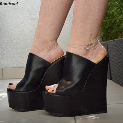 Ronticool Handmade Women Summer Mules Sandals Comfort Wedges Heel Open Toe Elegant Black Party Shoes Women Plus Size 35 45 47 52
