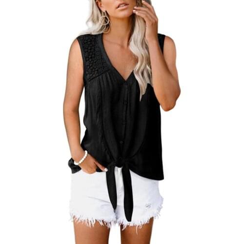 Summer Lace V-neck Racer Vest Ladies European And American Style New Hem Knotted Sleeveless Solid Color Blouse