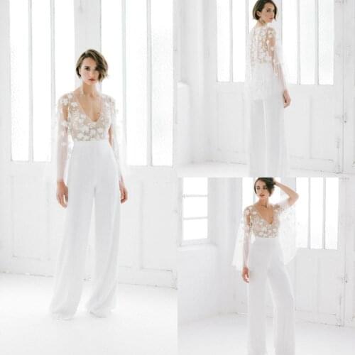 White Wedding Jumpsuit With Cape Beach Wedding Dresses V Neck Ankle Length Boho Wedding Gowns Customize Appliques Robe De Soiree