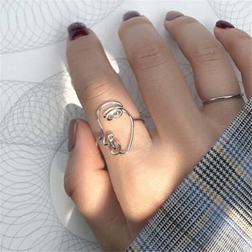 Hyperbole Silver Color Figure Face Rings For Women Simple Design Line Faces Open Ring Party Wedding Fashion Jewelry A950