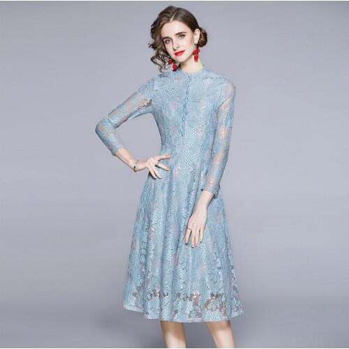 2021 Fashion Runway Autumn Women Long Sleeve High Waist Elegant Blue Lace Female Elegant Midi Party Dresses N68967
