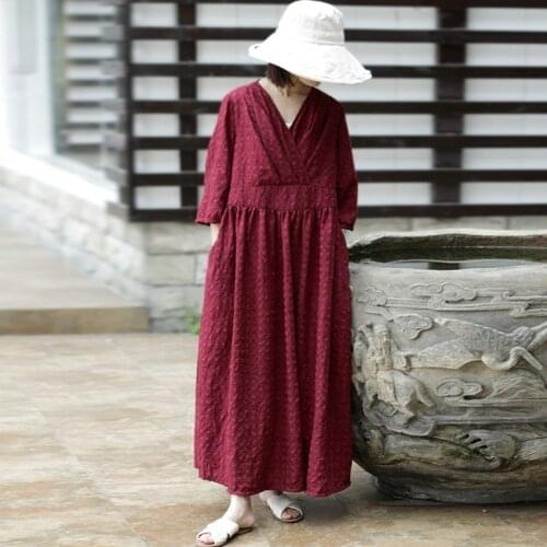 Johnature Summer V-Neck High Waist Half Batwing Sleeve Long Dresses 2021 Vintage Jacquard Solid Color Tie Ankle-Length Dresses