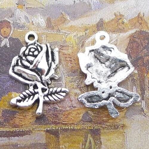 100pcs Rose Flower Charms 25mm x 17mm DIY Jewelry Making Pendant antique silver color