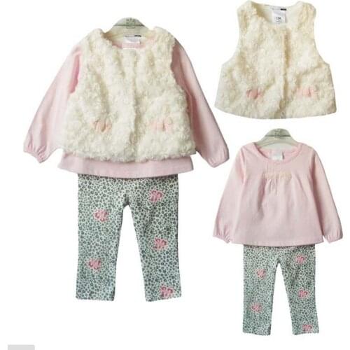 Spring Fall Baby Girl Clothing Set 3 PCS Cotton Sets Plush Vest +T-shirt+Leggings Bebe Casual Leopard Floral Lace Infant Clothes
