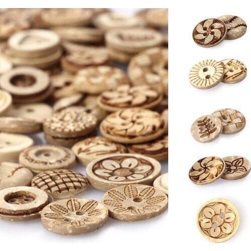 50pcs/bag Mixed flower style Carved wooden Round Sewing Buttons DIY Craft Scrapbooking Wood Buttons Fitted Scrapbooking Sewing