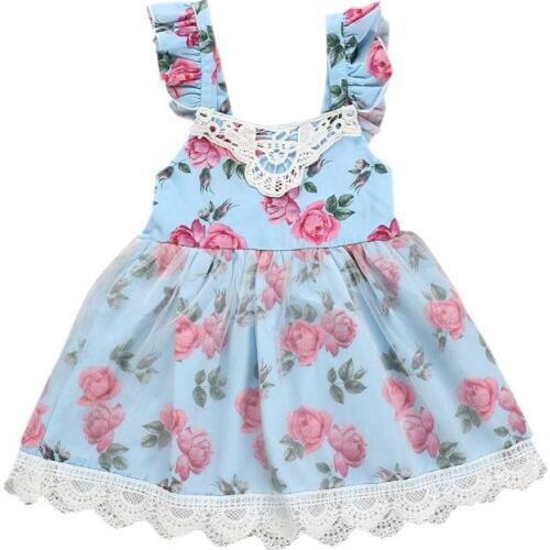 Floral Lace Dress Girls Kids Square Collar Summer Mesh Princess Dresses