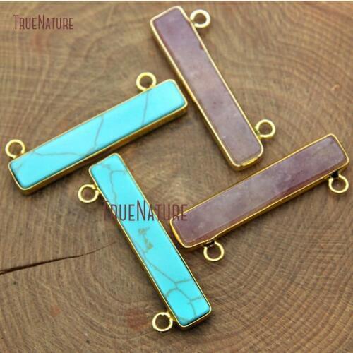 Long Bar Gold Electroplate Connectors Synthetic Turquoises And Strawberry Quartzs Stone Rectangle Pendants In 36.5*7 mm PM10106