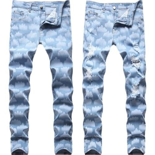 Casual Men Sky Blue Cloud Printed Jeans Fashion Hip Hop Stretch Denim Slim Straight Pants Print Ripped Trousers High Quality -40