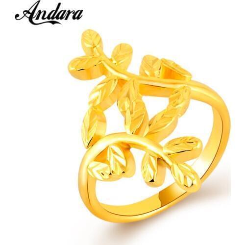 Olive Branch Finger Rings Real 24k Yellow Gold Color With Chain Jewelry For Women Bague Femme Female Ring Bijoux JR074