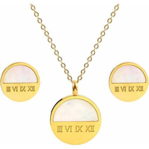 Stainless Steel Jewelry Set Woman Roman Letter Necklace Earrings Round Pendant Necklace Gold Plating Female jewellery sets Gift