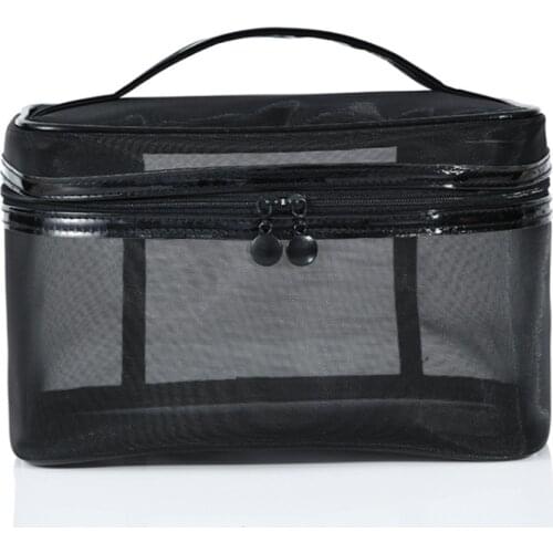 1pc Necessary Portable Cosmetic Bag Transparent Black Mesh Travel Organizer Trendy Large Black Toiletry Bags Makeup Pouch