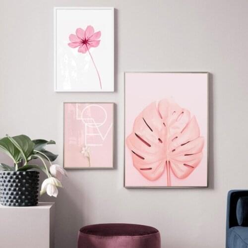 Colorful Home Decor Pink Leave Flower Love Quotes Posters Nordic Plants Canvas Painting Wall Pictures For Living Room Girls Room