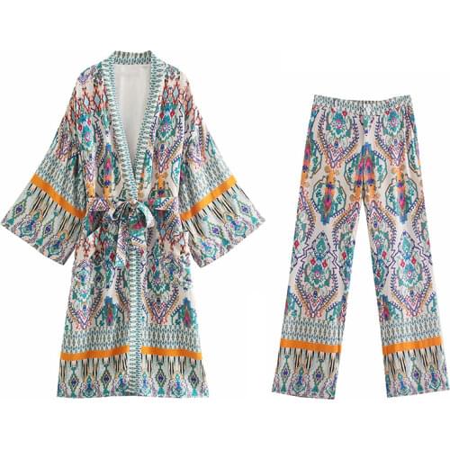 TMODA1729 ZA 2021 Summer Women Printed Dress With Blet +Shorts+Long Pants Set Female Beach Dress Ladies Casual V-Neck Outwear