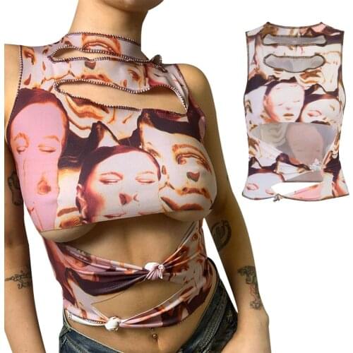 Women Tank With Chic Print, 2021 New Fashion Sexy Hollow Decoration Skinny Fit Style Summer Clothing
