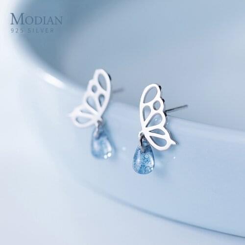 Modian 2020 Elegant Luxury Butterfly Swing Blue Drop Water Crystal Stud Earrings For Women Sterling Silver 925 Fine Jewelry