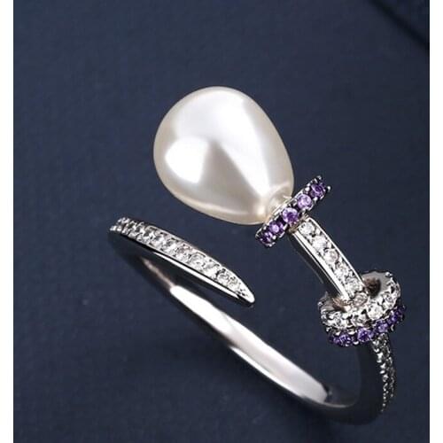 Fashion Simple Baroque Silver Color Zironia Purple Crystal Pearl Rings For Women Gift Fashion Jewelry Zk30