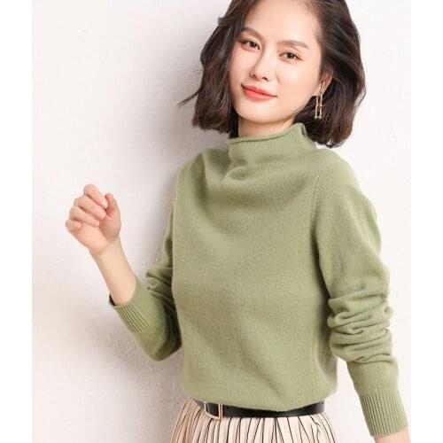 2021 winter new ladies pullover casual solid color 100% wool sweater half high collar cashmere sweater plus size ladies top