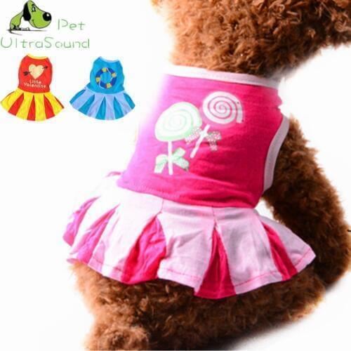 Pet Dog Cat Spring Summer Super Cute Dresses 100% Cotton Material Cheerleading Skirt Lollipop Print Red Pink Blue Size XS-L
