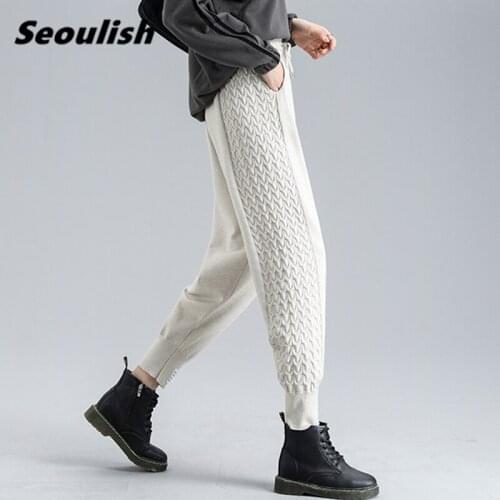 Seoulish Autumn Winter Knitting Womens Harem Pants 2021 New High Waist Lace Up Ankle-Length Elegant Female Trousers Pockets