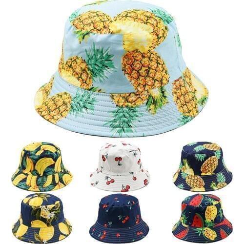 Cute Fruit Print Double Side Folding Fisherman Sun Hat Unisex Outdoor Bucket Cap Summer Foldable Bucket Hat Sun Prevent Hats