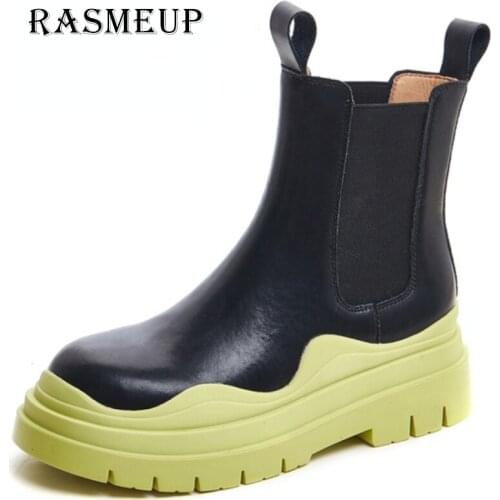 RASMEUP Genuine Leather Women Mid-calf Basic Boots 2021Thick Heels Fashion Concise Autumn Winter Shoes Woman Newest Brand