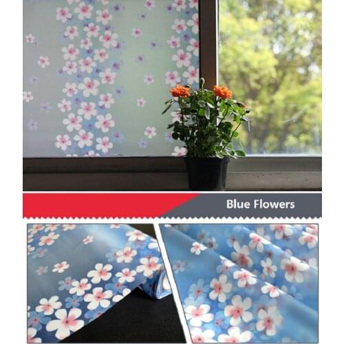 Self-Adhesive Window Cover PET Blue Flower Dampproof Frosted Decorative Private Glass Film For Window Door Cabinet Table Surface
