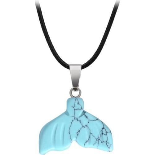 Silver Plated Mermaid Tail Green Turquoises Stone Pendant Rope Chain Necklace Cherry Quartz Jewelry