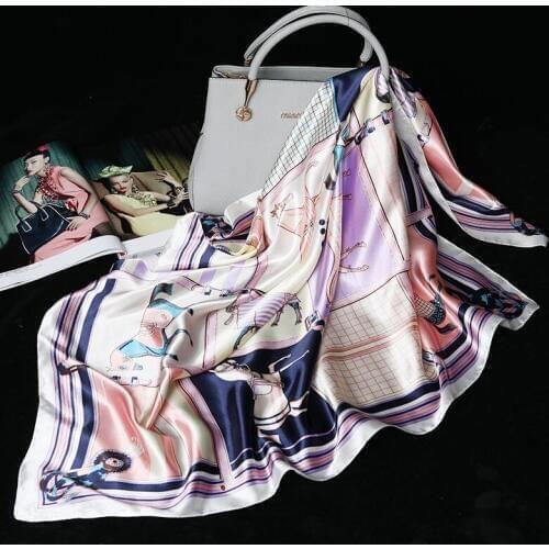 90*90cm Silk Satin Neck Scarf For Women Floral Print Kerchief Square Shawls and Wraps Large Hijab Scarfs For Ladies Hair Scarves