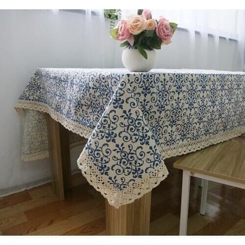 Retro Blue and White Table Cloth with Lace Cotton Print Chinese Style Rectangular Dinning Tablecloths Cover Home Decor