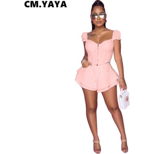 CM.YAYA Women Set Solid Zipper Short Sleeve Crop Tops Mid Waist Shorts Two 2 Piece Sets Fashion Tracksuit Summer Outfits 2021