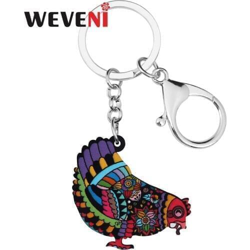 WEVENI Acrylic Floral Cock Chicken Hen Keychains Keyring Big Farm Animal Key Chain Jewelry For Women Handbag Car Bag Accessories