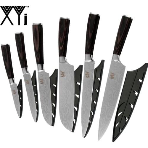 XYj Kitchen Cooking Tool 6 Pcs Stainless Steel Knives Set Fruit Utility Santoku Chef Slicing Knife Cutting Tool With Blade Cover